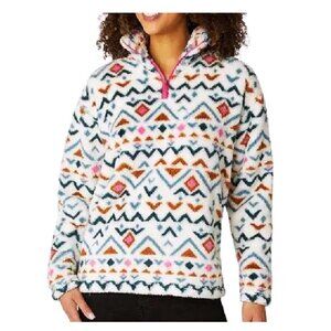 Eddie Bauer White Aztec Print Teddy Plush Fleece Pullover Quarter Zip Up Jacket